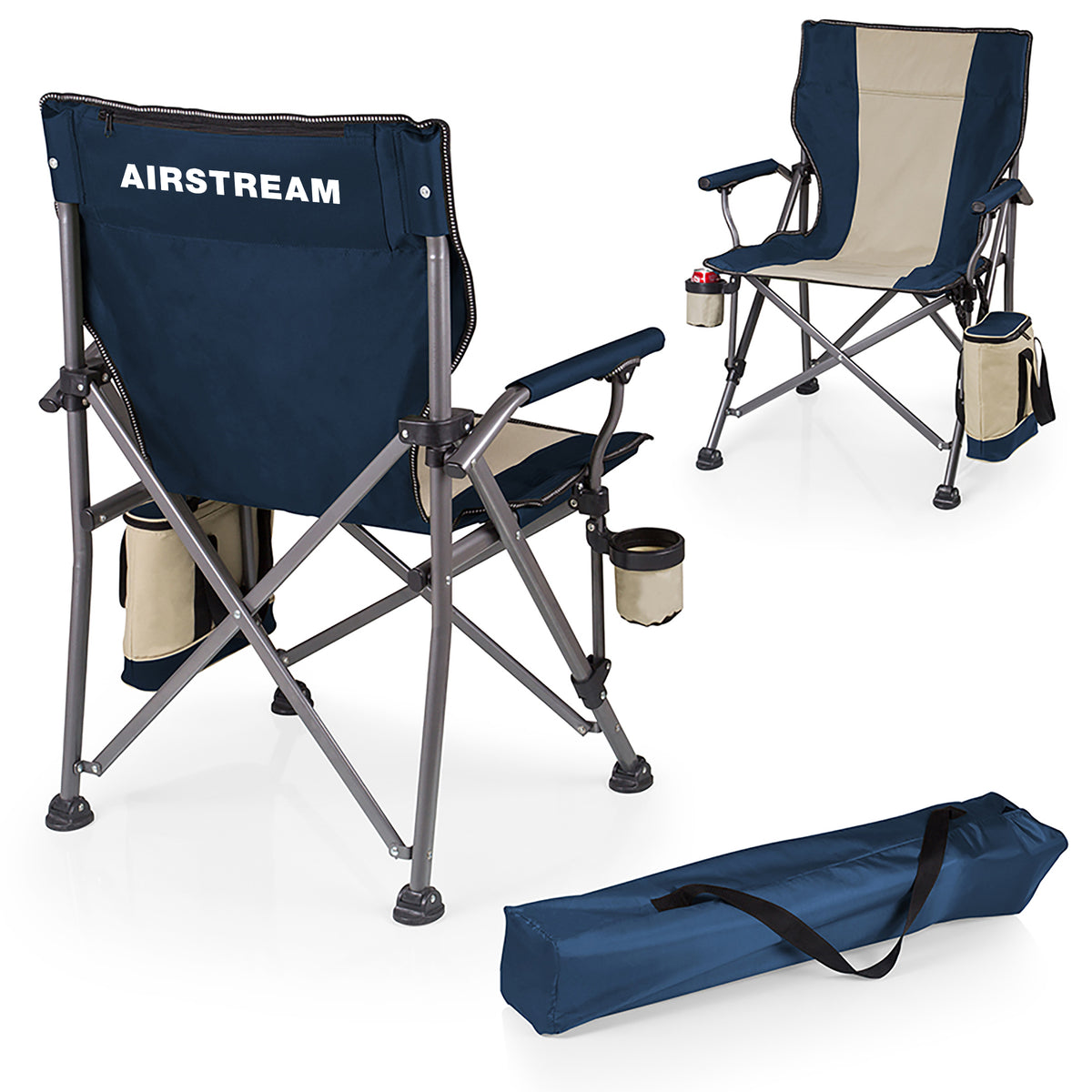 Three views of the Airstream Outlander XL Camp Chair with Cooler, shown in blue and beige, featuring cup holders, a side pocket, “AIRSTREAM” written on the back, and including its matching carrying bag—perfect for camping or as a stylish beach chair.