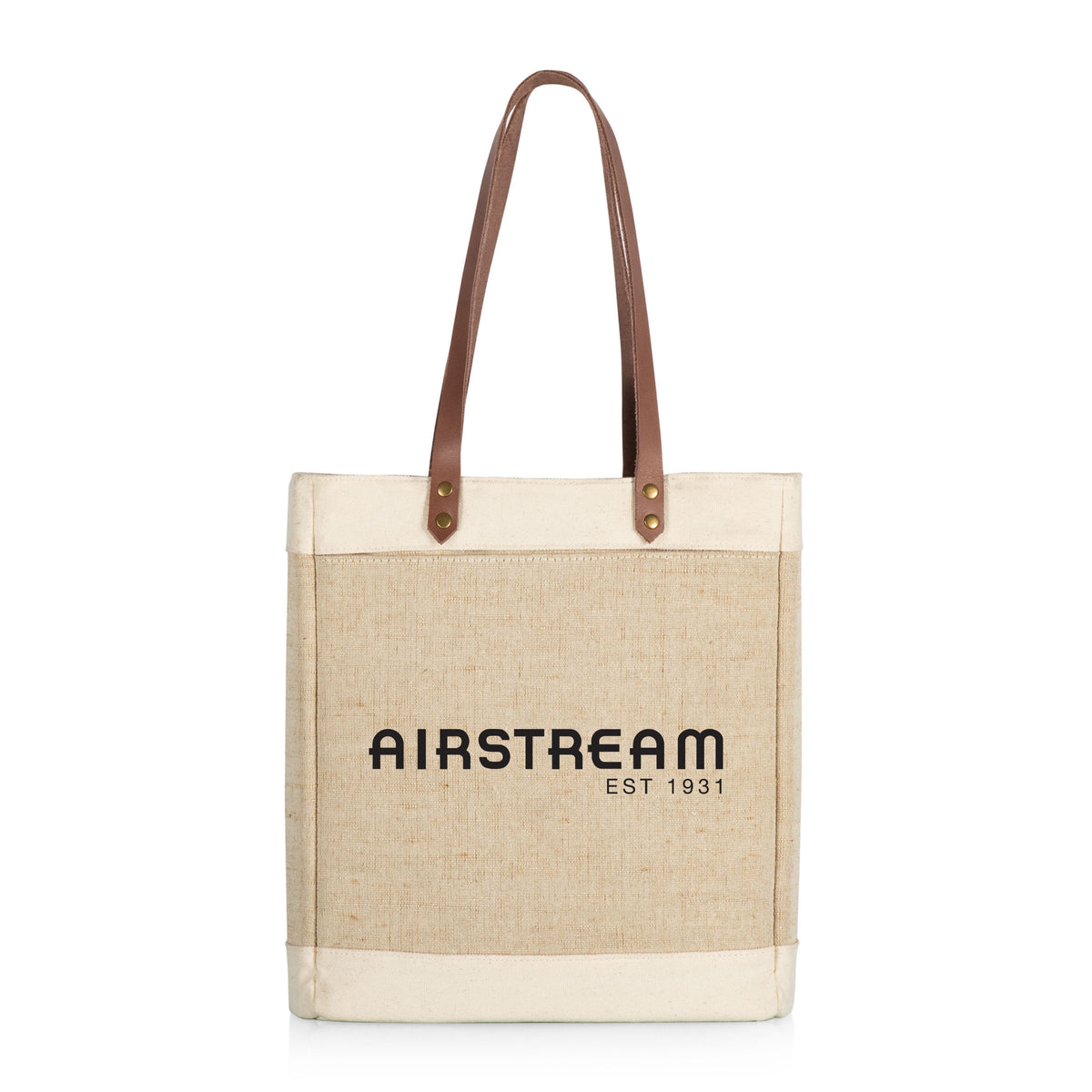 Introducing the Airstream Insulated 3 Bottle Wine Bag—a beige canvas tote with brown handles, featuring “AIRSTREAM EST 1931” in black on the front. Designed with a simple, rectangular shape and sturdy construction, this bag is ideal for carrying up to three bottles of wine or keeping your beverages cool while you’re on the go.