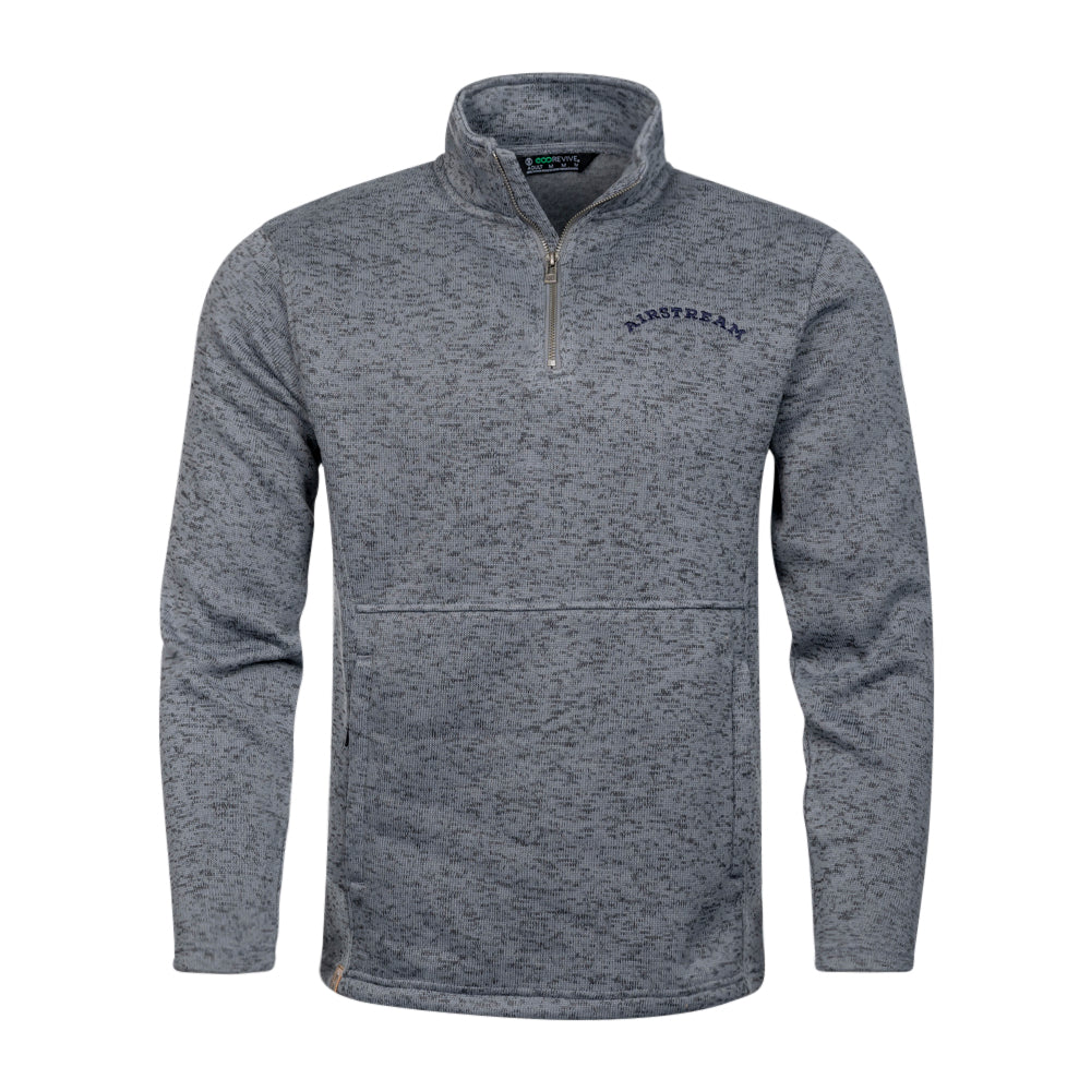 The Airstream Heritage Arc Alpine Fleece Unisex 1/4 Zip Pullover is crafted from eco-friendly speckled fleece and features a high collar, long sleeves, and “AIRSTREAM” embroidered on the left chest. Displayed on a plain white background.