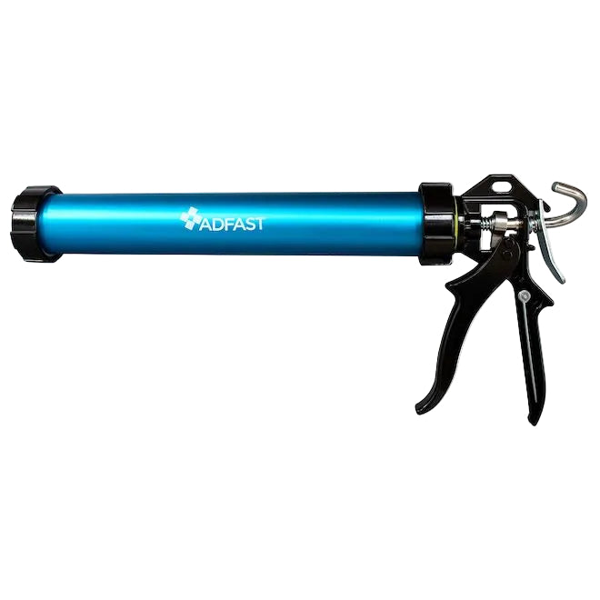 Blue caulking gun with black handle on a white background