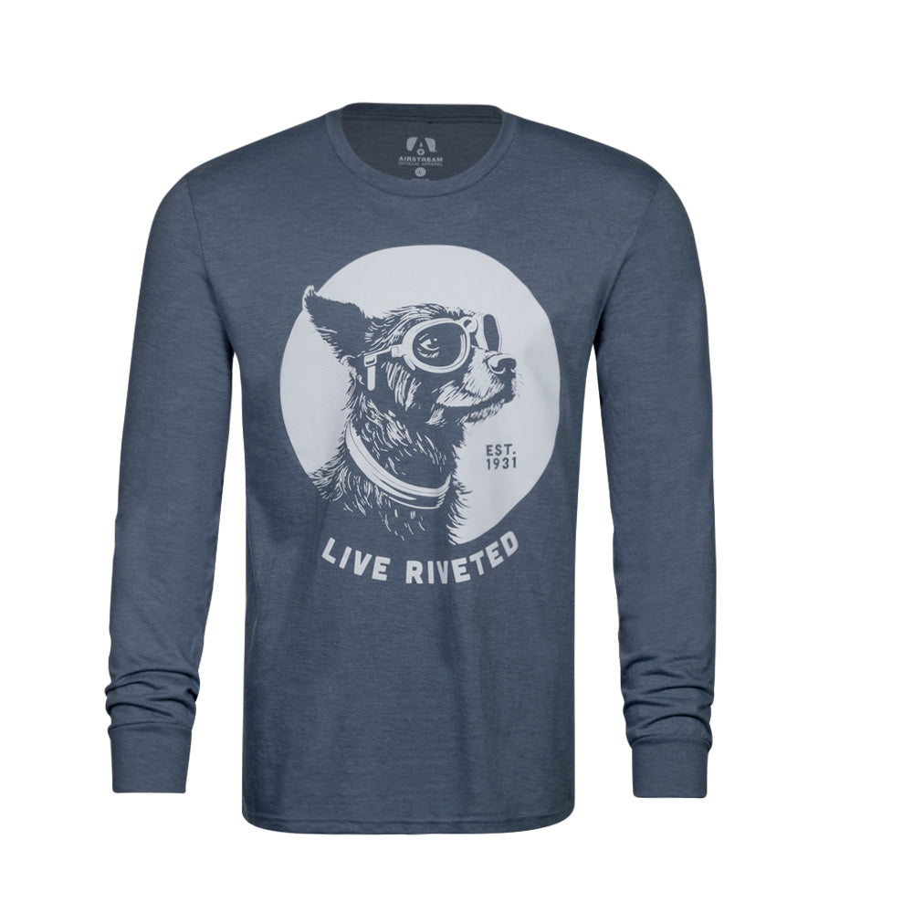 The Airstream Dog with Goggles Tri-Blend Long Sleeve Blue T-Shirt features a playful graphic of a dog wearing goggles and a collar, along with the text LIVE RIVETED and EST. 1931 printed around the image—making it an ideal shirt for any dog lover or Airstream fan.