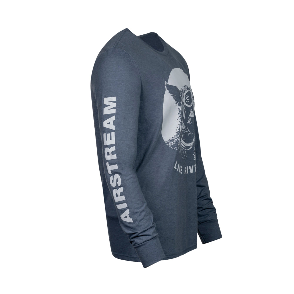 A blue tri-blend long sleeve shirt featuring “AIRSTREAM” printed on the left sleeve and a white graphic of a dog wearing goggles with “LIL RIVER” text on the front, perfect for any dog lover’s t-shirt collection.