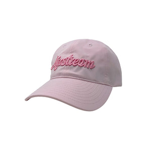 Pink hat for a pony tail that has Airstream embroidered on the front