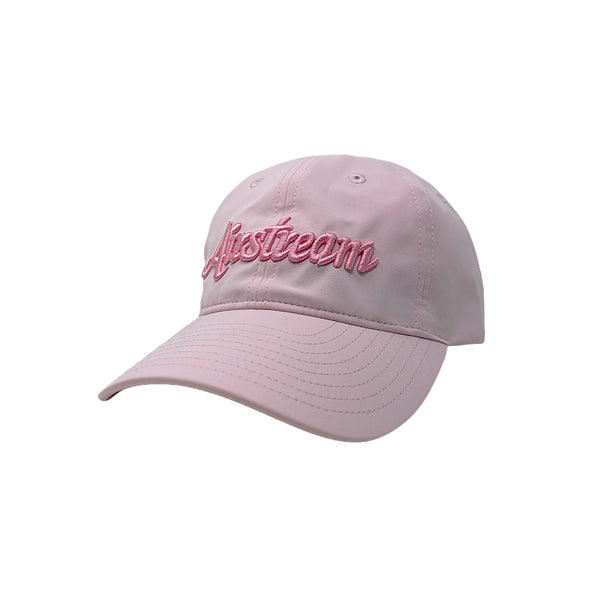 Pink hat for a pony tail that has Airstream embroidered on the front