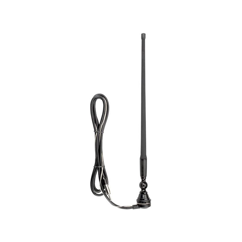 An Airstream AM/FM Antenna (Part #511807) featuring a long, flexible black rubber mast mounted on a sturdy base, complete with a coiled cable and connector—ideal for your travel trailer—displayed against a plain white background.