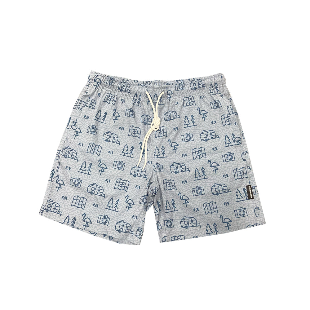 Airstream Conversational Shorts are crafted from light gray recycled polyester and showcase a vibrant blue camping-themed pattern with trees, tents, backpacks, and cameras. Designed with an elastic waistband and white drawstring for comfort, plus a small logo on the left leg, these are the summer staple shorts you’ll reach for all season long.