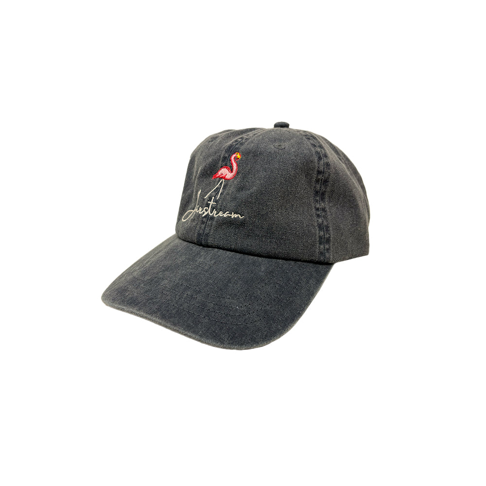 Airstream Flamingo Vintage Wash Baseball Hat: A black denim cap with a vintage wash, featuring an embroidered pink flamingo silhouette and the word “aesthetic” in white script on the front.