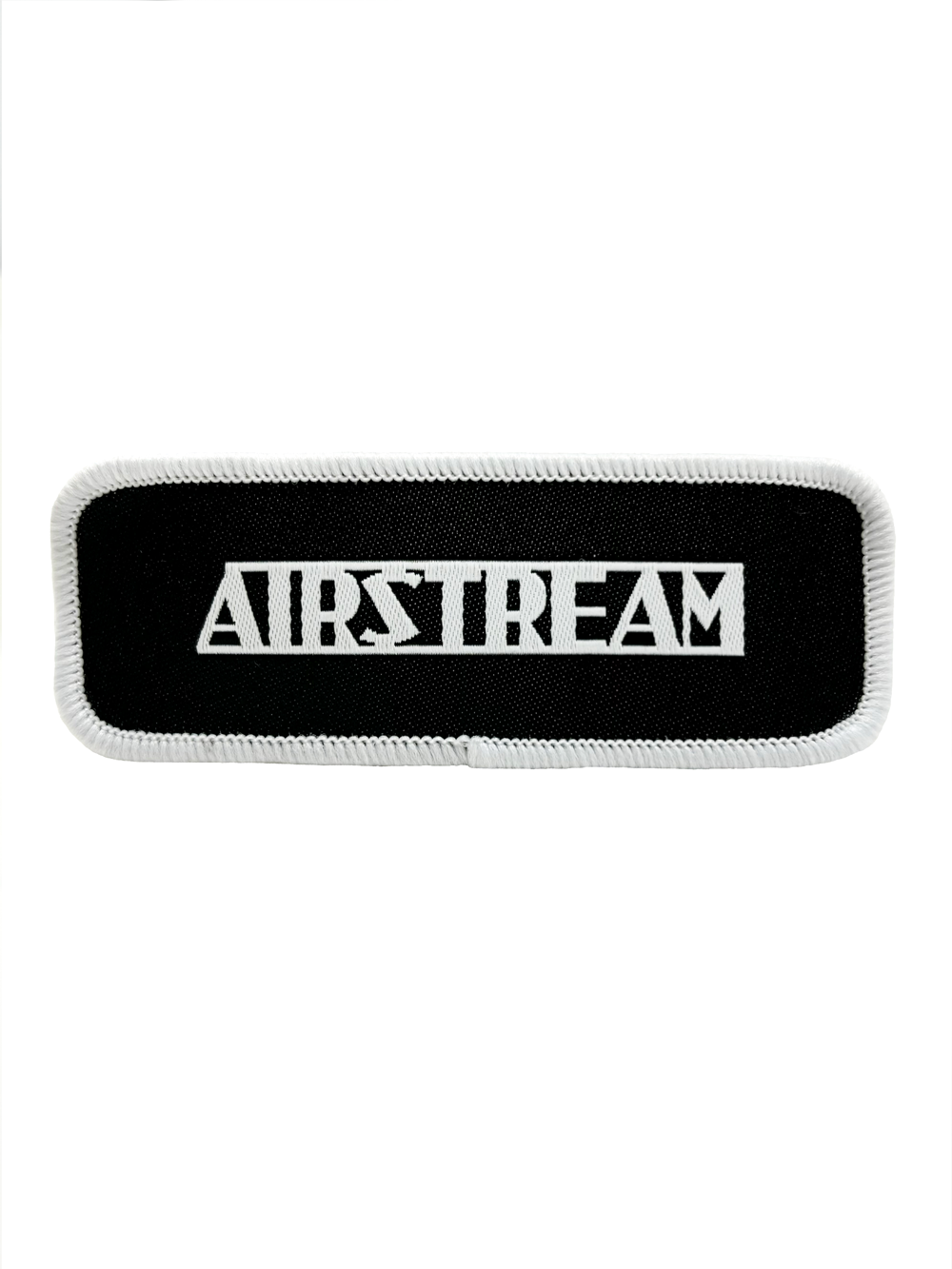 The Airstream Heritage Logo Patch is a black rectangular design with white trim, showcasing the word “AIRSTREAM” in bold, stylized white letters—an ideal vintage-inspired accessory for any Airstream enthusiast.