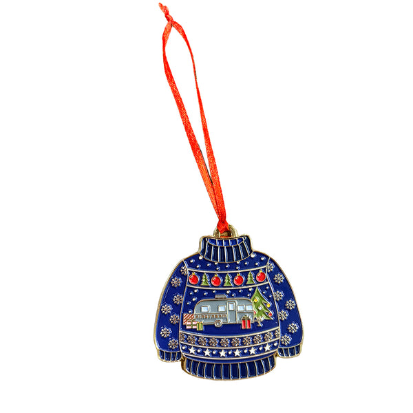 An Airstream themed ornament in the shape of an ugly Christmas sweater