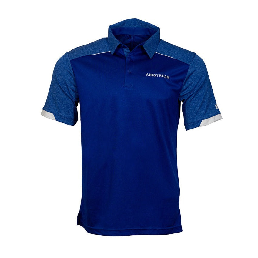 Airstream Legends Unisex Performance Polo in blue features short sleeves, a collared neckline, and a buttoned placket. The left chest displays the AIRSTREAM text. Designed with a textured pattern and accented with white trimming on the sleeves and shoulders, this moisture-wicking shirt provides breathable performance wear—ideal for active days.