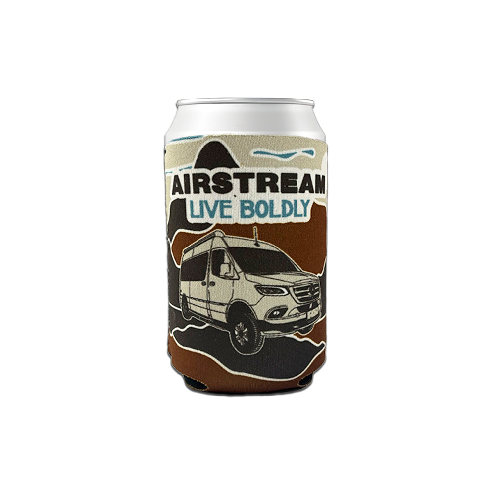Introducing the Airstream Touring Coach Live Boldly Can Cooler, featuring a van illustration, rugged mountain shapes in brown and tan, and “Airstream Live Boldly” in striking blue and black lettering. Perfect for your next adventure—whether you’re relaxing by the campfire or enjoying a tailgate—this can cooler keeps your drinks chilled in style.