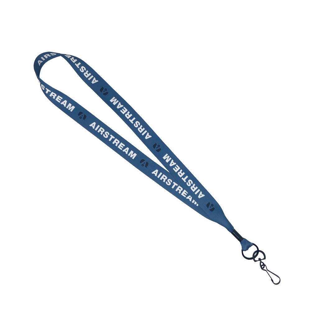 Airstream Pastel Lanyard in blue with “AIRSTREAM” and a circular logo printed in white, featuring a black metal clip and key ring.