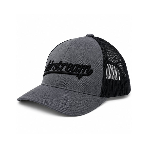 A dark gray and black trucker-style baseball cap with 'Airstream' embroidered in black script across the front, shown on a clean white background.
