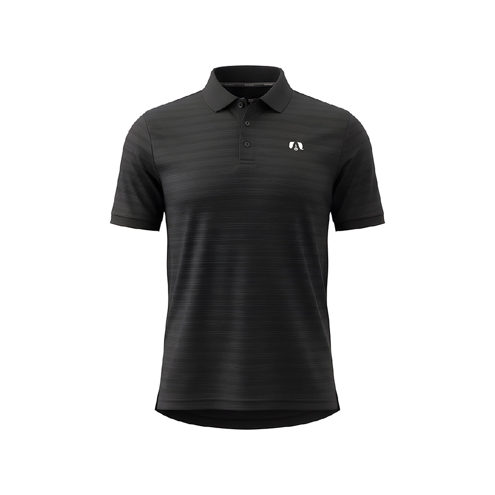 The Airstream Sideline Striped Polo is a black, short-sleeve polo shirt featuring a subtle horizontal stripe pattern, three-button placket, and a small white logo on the left chest. Designed with a tailored fit and crafted from breathable fabric, it is displayed on a plain white background.