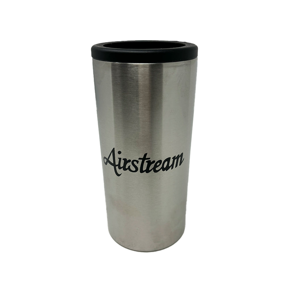 Introducing the Airstream Slim Metal Can Holder: a sleek stainless steel can holder with a black lid, adorned with the word “Airstream” in elegant black script on its side. Reminiscent of a premium drink cooler or travel tumbler, this can holder stands out beautifully against a plain white background.