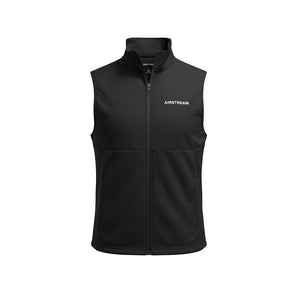 The Airstream Sport Soft Shell Vest is a black, weather-resistant zip-up vest featuring a sleeveless design, a stand-up collar, and “AIRSTREAM” text on the left chest, shown on a plain white background.