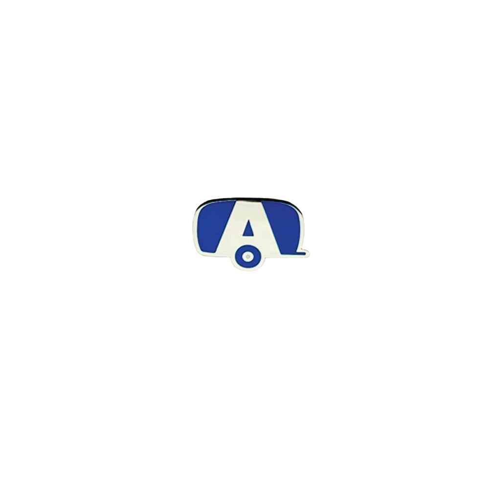 Featuring a bold blue and white design, the Airstream Trailer A Logo Pin showcases a stylized trailer with a prominent letter “A” at its center, all set against a crisp white background—a unique accessory that embodies the spirit of Airstream adventure.