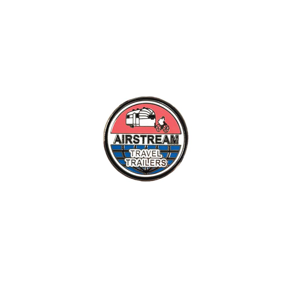 Sure! Here’s a rewritten version: The Airstream Vintage Bicycle Towing Trailer Pin is a round vintage-style pin featuring the classic “AIRSTREAM TRAVEL TRAILERS” text, an iconic Airstream trailer image, and a bold red, white, and blue background—perfect for collectors or enthusiasts of vintage pins and admirers of the legendary bicycle towing trailer concept.