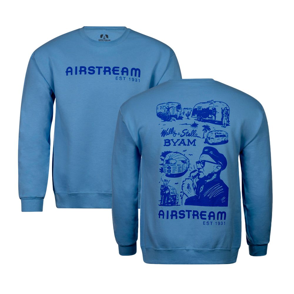 Introducing the Airstream Wally Byam Mural Sweatshirt—a retro-inspired design in light blue featuring “AIRSTREAM EST 1931” on the front. The back displays blue sketches of iconic trailers, a couple, and a man, with “Wally + Stella BYAM” and “AIRSTREAM EST 1931” elegantly printed below the artwork.