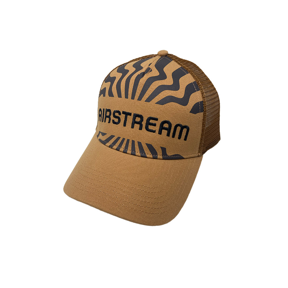 Airstream Zigzag Hat in brown, showcasing a black sunburst design and the word “AIRSTREAM” across the front. Built for outdoor adventures, this trucker hat provides a comfortable fit with its curved brim and breathable mesh back. Displayed here on a white background.