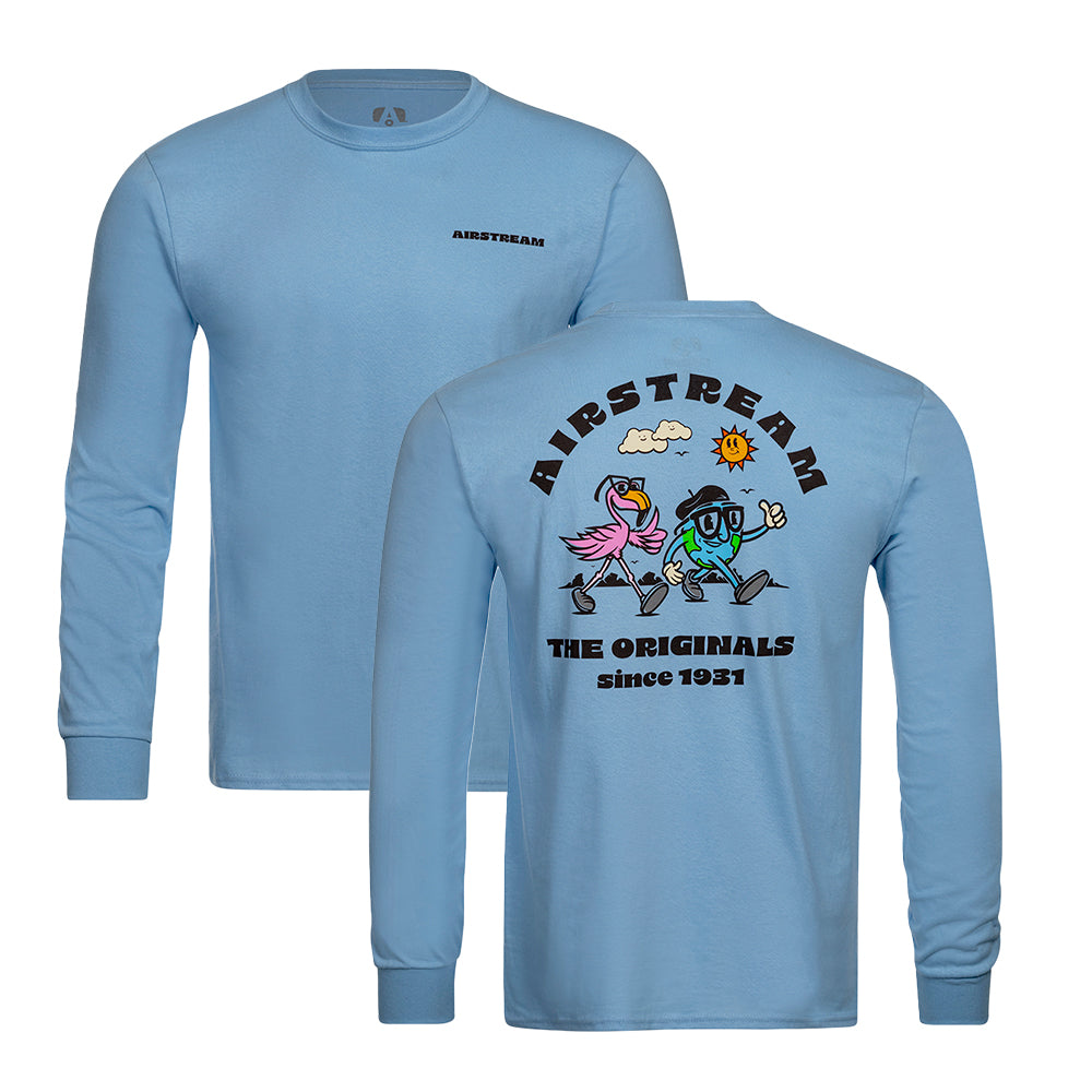 The Airstream ‘The Originals’ Long Sleeve T-Shirt comes in light blue and features bold AIRSTREAM text on the front, while the back displays a vibrant cartoon graphic with animated Globetrotter characters walking under the sun alongside the words “AIRSTREAM THE ORIGINALS since 1931.”.