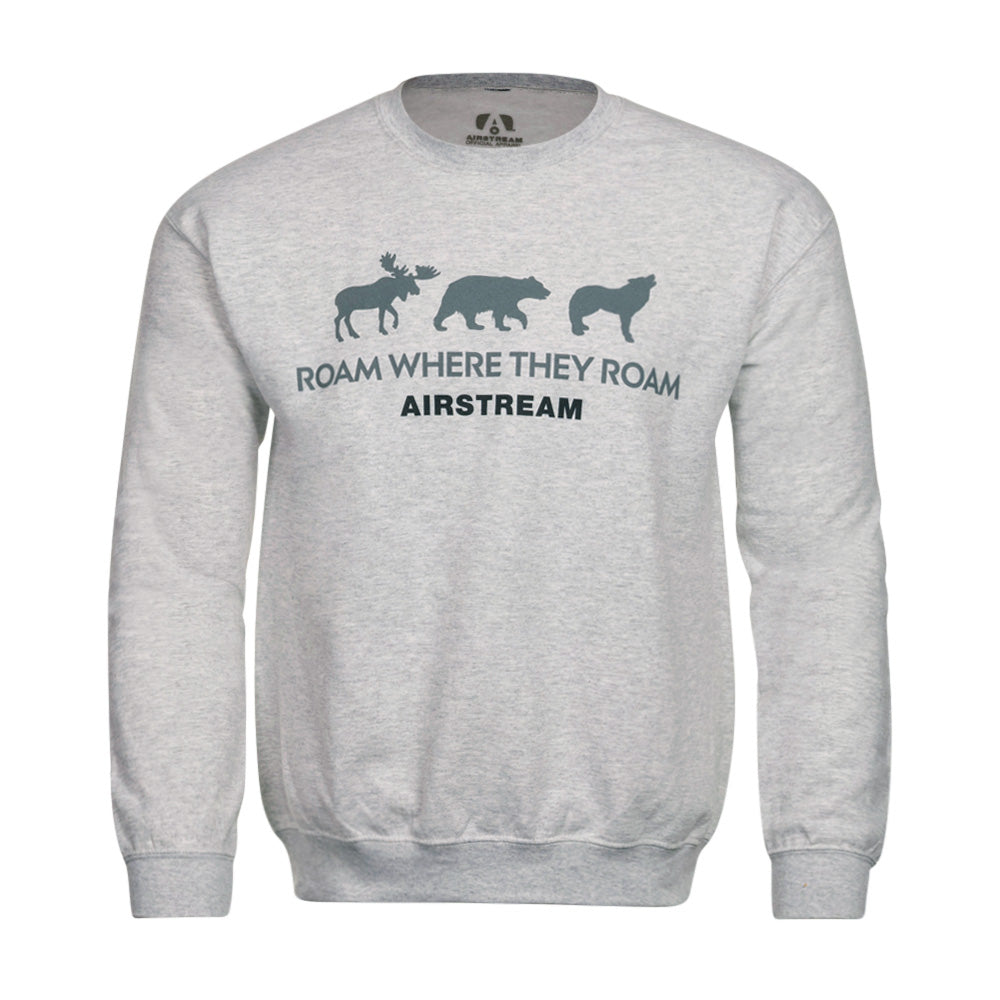 The Airstream Roam Where They Roam Sweatshirt is a gray, cozy top showcasing silhouettes of a moose, bear, and wolf above the words “ROAM WHERE THEY ROAM” and “AIRSTREAM.”.