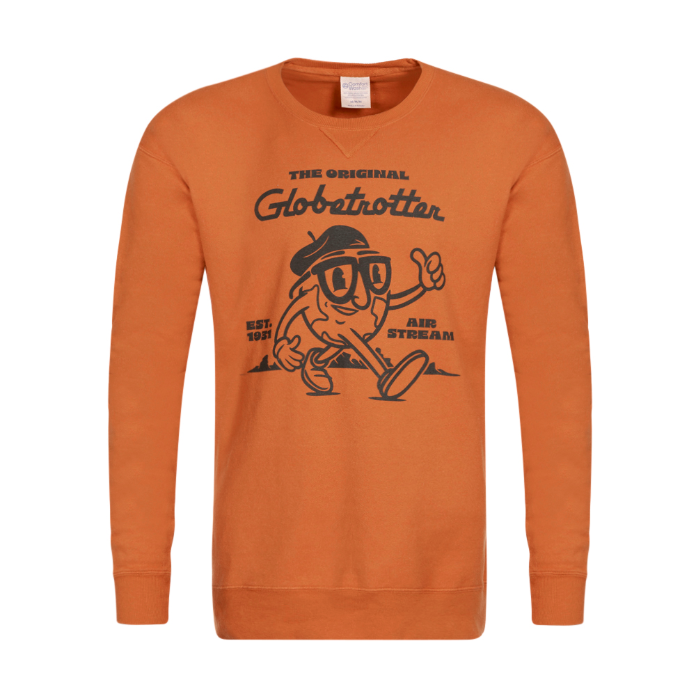 The Airstream the Original Globetrotter Sweatshirt is an orange top featuring a cartoon character with glasses and a hat giving a thumbs up, along with the text “The Original Globetrotter” and “Air Stream” on the front—making it perfect travel apparel for your next adventure.