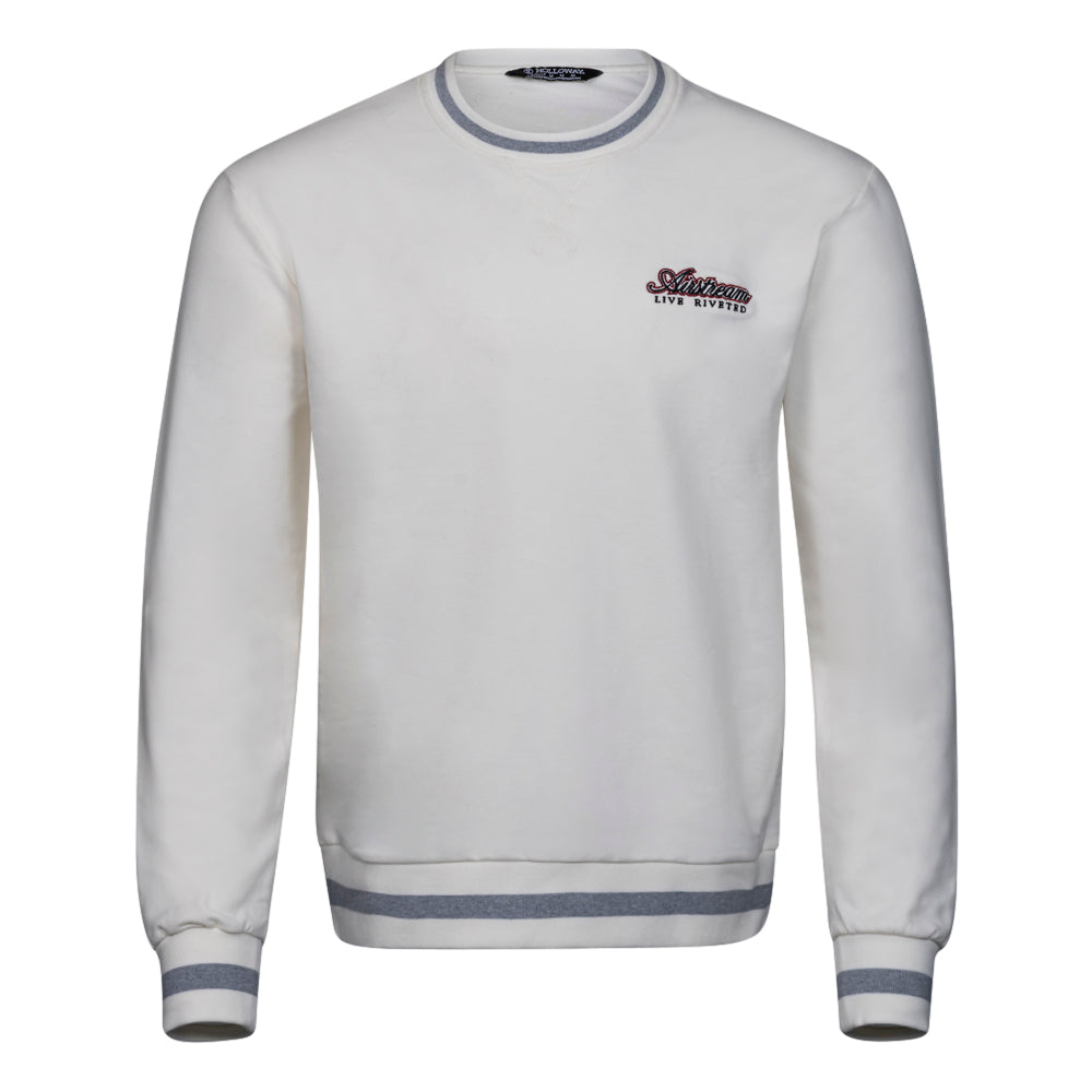Airstream Signature Series Sweatshirt: A classic white crewneck sweatshirt with grey cuffs and waistband, highlighted by a small red and black LUXE DIVISION logo embroidered on the left chest. Displayed against a plain white background.