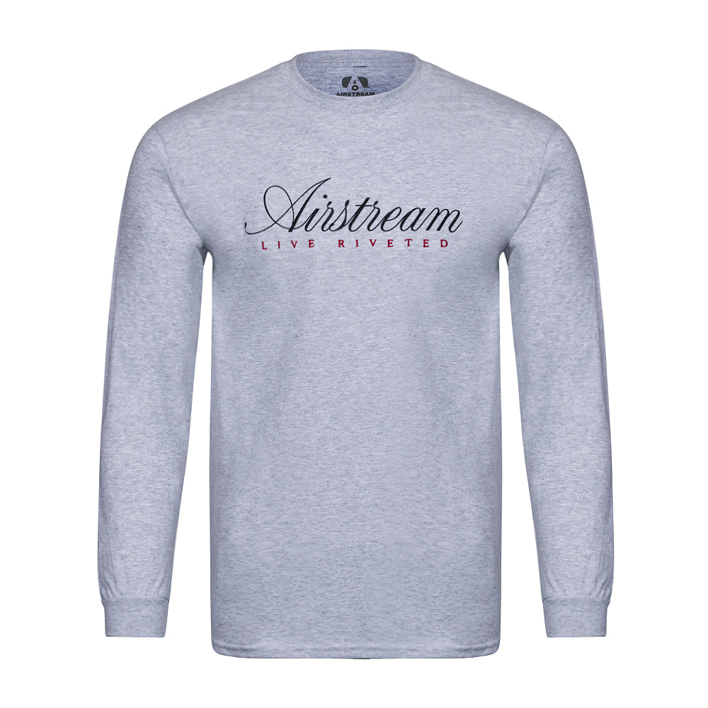 The Airstream Signature Series Long Sleeve T-Shirt is a light gray long-sleeve shirt featuring “Airstream” in black script and “LIVE RIVETED” in bold red capital letters across the chest, perfect for those who appreciate classic style.