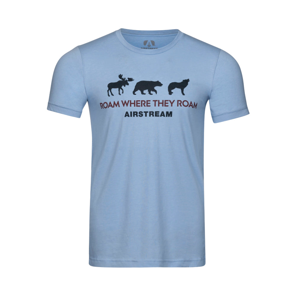 Show your adventurous spirit with the Airstream Roam Where They Roam T-Shirt, a light blue tee featuring silhouettes of a moose, bear, and wolf above the text “ROAM WHERE THEY ROAM” and “AIRSTREAM” printed in black—perfect for outdoor lovers.