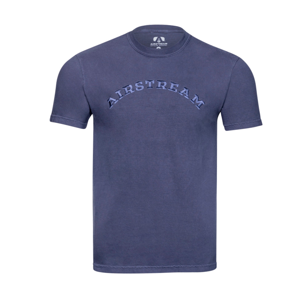 Front view of the Airstream Heritage Arc T-Shirt, a short-sleeve, faded blue embroidered tee featuring “AIRSTREAM” in large, arched letters across the chest. This shirt has a simple crew neckline and no additional patterns or graphics, making it a versatile addition to any casual wardrobe.