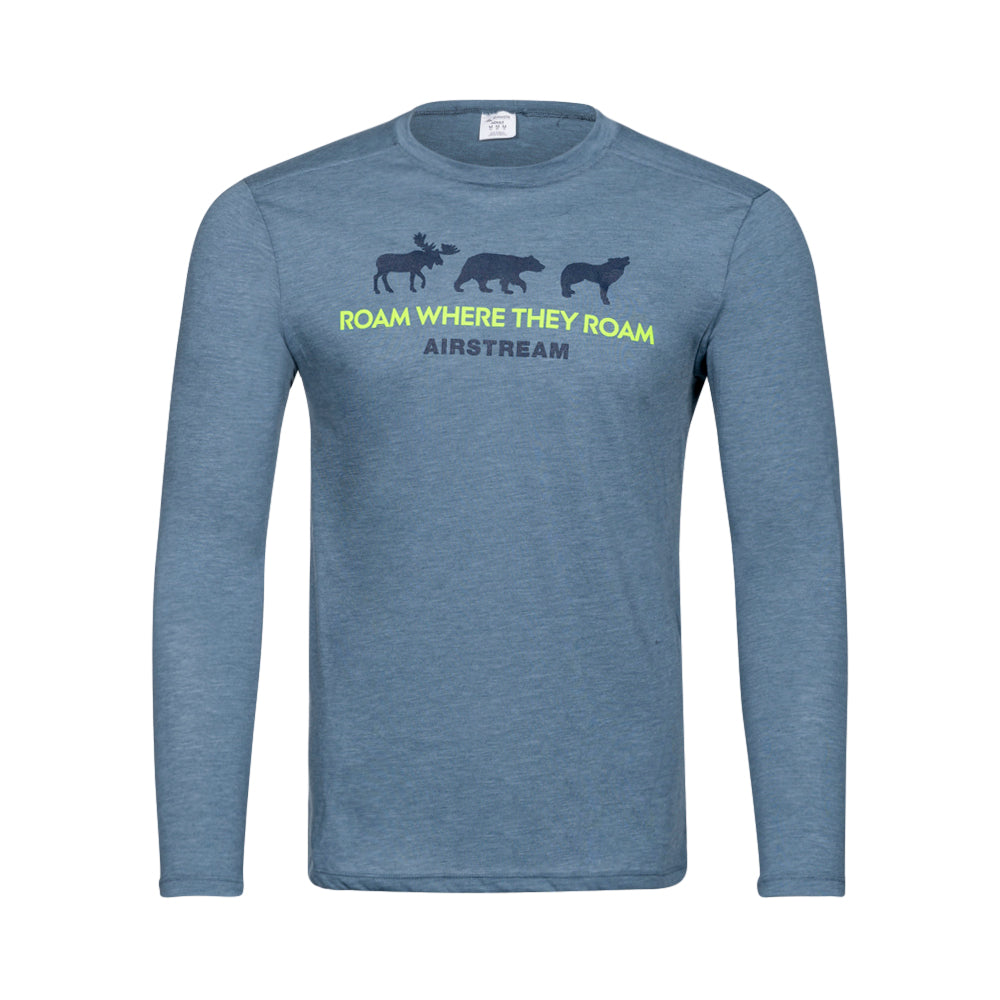 The Airstream Roam Where They Roam Tri-Blend Long Sleeve T-Shirt is a blue long-sleeve shirt featuring dark silhouettes of a moose, bear, and wolf above the phrase “ROAM WHERE THEY ROAM” in yellow, with “AIRSTREAM” in white across the chest. This lightweight wicking tee is perfect for your next outdoor adventure.