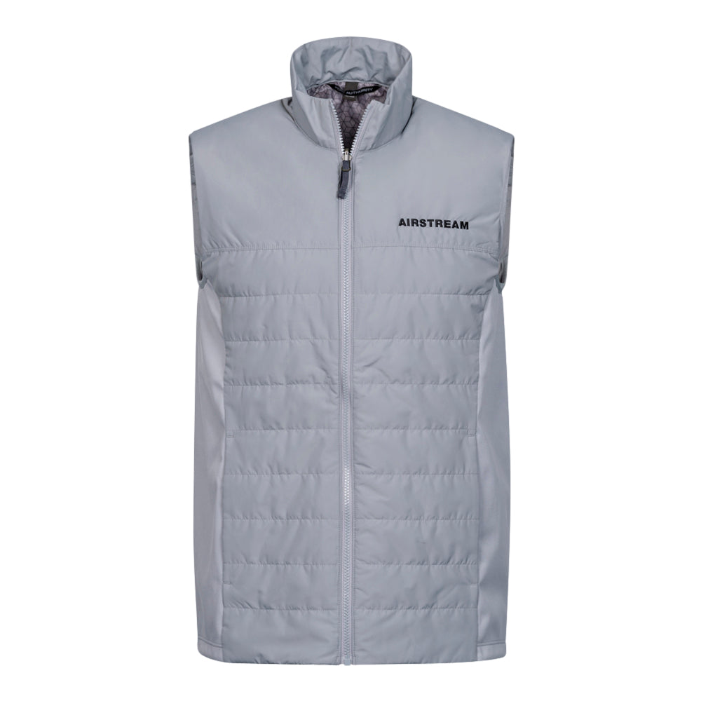 Light gray sleeveless vest with a full front zipper, high collar, quilted pattern, and AIRSTREAM logo on the left chest—this Airstream Signature Series Insulated Vest combines timeless style with classic comfort for a look that endures season after season.