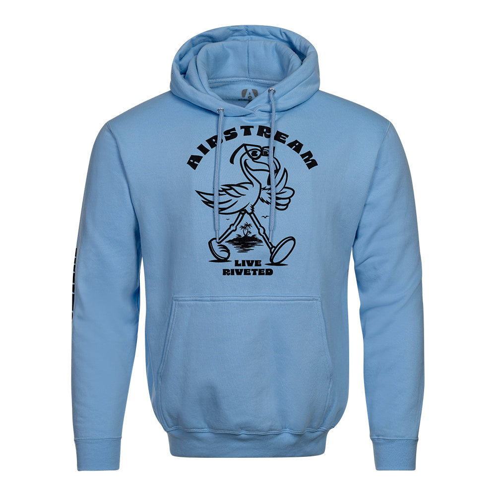 Show off your style and comfort with the Airstream Live Riveted Flamingo Cartoon Hoodie. This light blue hoodie features a playful black graphic of a cheerful flamingo holding a flag, with “AIRSTREAM” printed above and “LIVE RIVETED” below. Designed for coziness, it includes drawstrings and a convenient front pocket—perfect for everyday adventures.