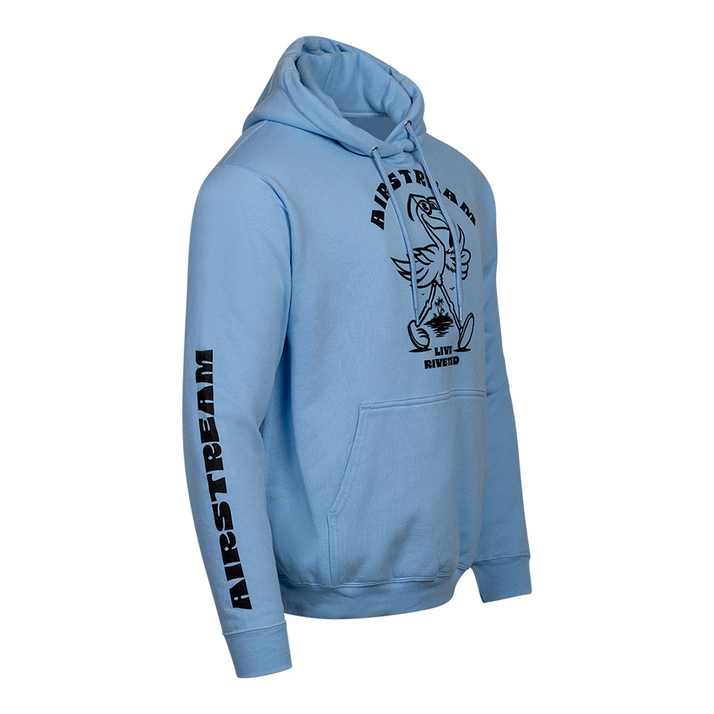 Stay comfortable and stylish in the Airstream Live Riveted Flamingo Cartoon Hoodie. This cozy blue hoodie features bold AIRSTREAM text on the left sleeve, along with a playful flamingo cartoon graphic and the words “AIRSTREAM” and “LIVE RIVER” on the front. With its handy front pocket and hood, it’s perfect for those who love comfort, adventure, and a touch of fun.
