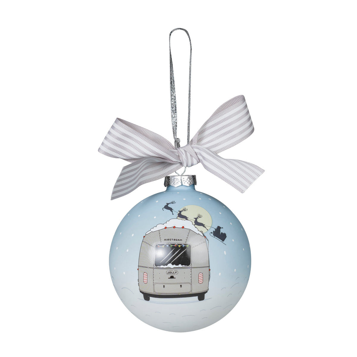 Introducing the Airstream Holiday Glass Globe Ornament — a light blue glass ornament showcasing a beautifully painted Airstream trailer in the snow, with Santa’s sleigh soaring across the moon. Designed for your Christmas tree, it features a silver cap and a striped white ribbon at the top for effortless hanging.