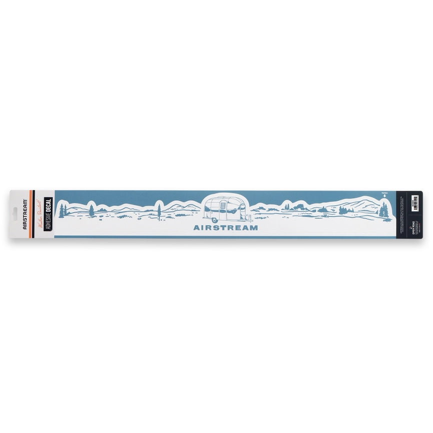 The Airstream Scenic Blue Landscape Adhesive Decal showcases a blue and white illustration of an Airstream trailer surrounded by stunning mountains, trees, and an open sky. The word “AIRSTREAM” appears beneath the trailer, making this scenic adhesive decal an ideal choice for adventure lovers and RV enthusiasts alike.