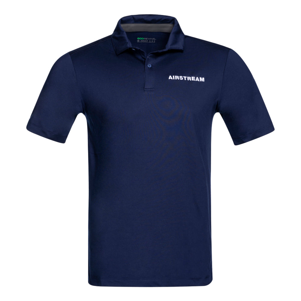 Introducing the Airstream Ventura Performance Polo: a navy blue short-sleeve polo shirt featuring a classic collar and button placket. “AIRSTREAM” is elegantly embroidered in white on the left chest. Crafted from lightweight suede for comfort, this performance polo combines style and ease, making it ideal for both casual and professional occasions.