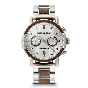 A men's analog chronograph watch by Original Grain, featuring a silver stainless steel case and link bracelet with brown wood inlays, a white dial with two subdials, and a dark brown wood bezel.