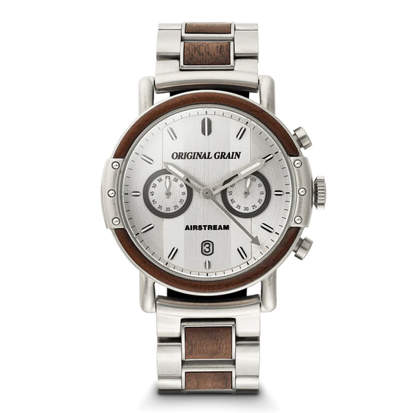 A men's analog chronograph watch by Original Grain, featuring a silver stainless steel case and link bracelet with brown wood inlays, a white dial with two subdials, and a dark brown wood bezel.