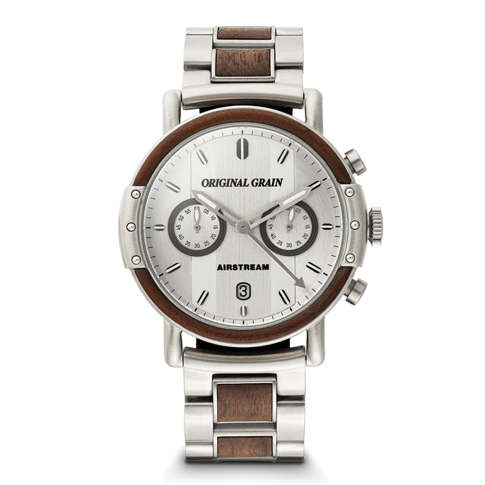 A men's analog chronograph watch by Original Grain, featuring a silver stainless steel case and link bracelet with brown wood inlays, a white dial with two subdials, and a dark brown wood bezel.