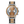 A luxury chronograph watch by Originally Chari, featuring a round wood-grain dial, a light blue sub-dial face, and a two-tone stainless steel and wood link bracelet on a white background.