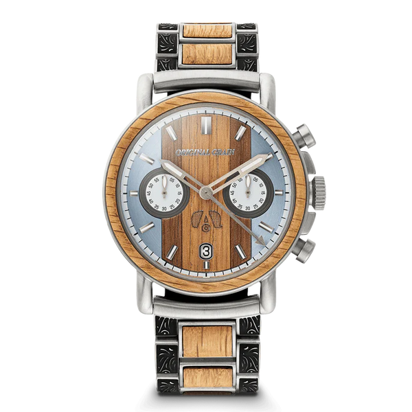 A luxury chronograph watch by Originally Chari, featuring a round wood-grain dial, a light blue sub-dial face, and a two-tone stainless steel and wood link bracelet on a white background.