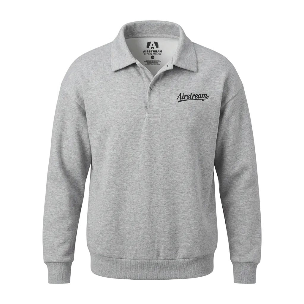 Grey sweatshirt with a polo color and button. Airstream logo on left chest
