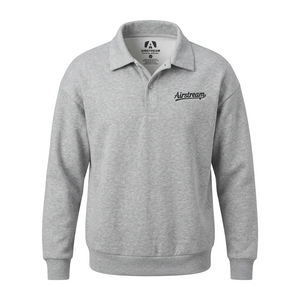 Grey sweatshirt with a polo color and button. Airstream logo on left chest