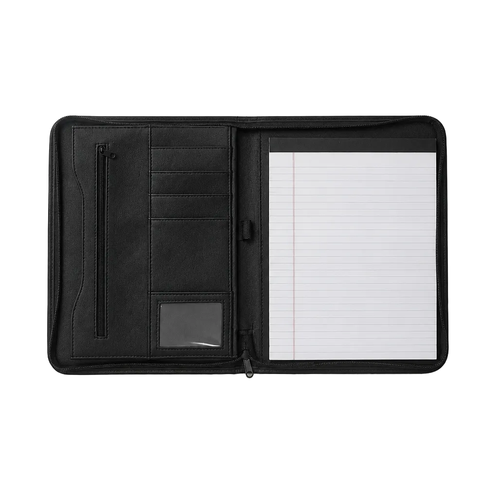 Inside of a black portfolio showing pockets, zipper sand white paper