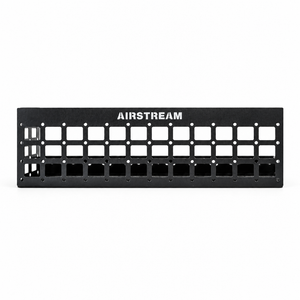 Black metal Airstream Molle Panel Accessories for Rangeline storage rack featuring a grid of square cutouts and the text AIRSTREAM printed on the front panel.