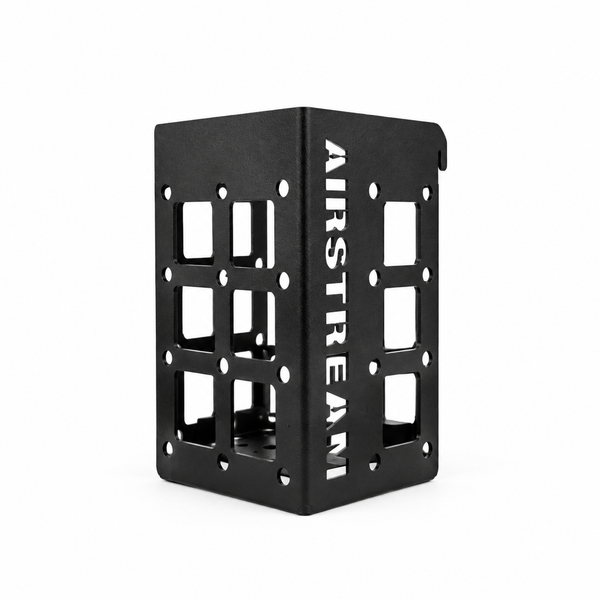 Black metal grid Airstream Molle Panel Accessories for Rangeline storage basket with the word AIRSTREAM cut into the side.