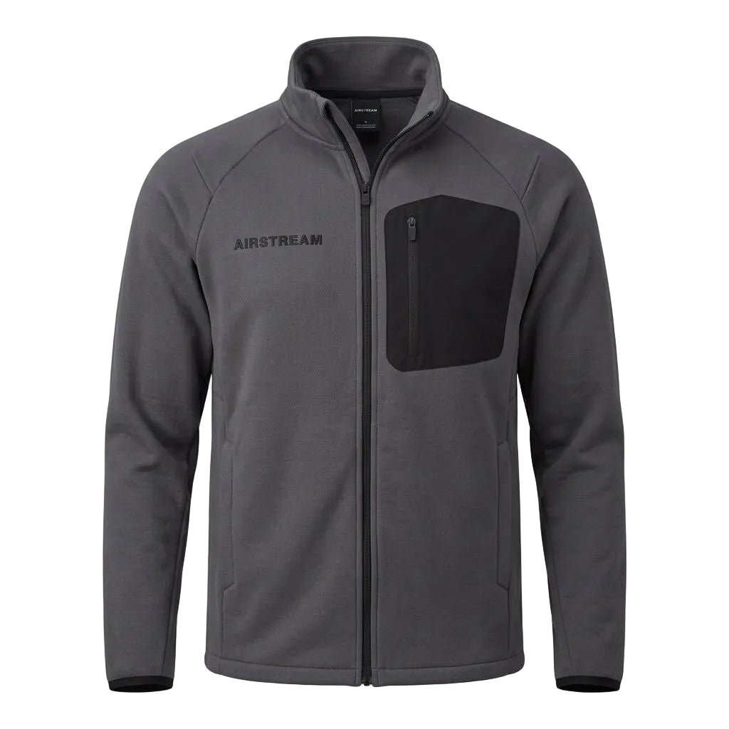 A dark gray full-zip fleece jacket with a stand-up collar, featuring a black chest pocket and the AIRSTREAM logo on the left chest, displayed on a clean white background.