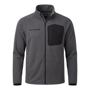 A dark gray full-zip fleece jacket with a stand-up collar, featuring a black chest pocket and the AIRSTREAM logo on the left chest, displayed on a clean white background.